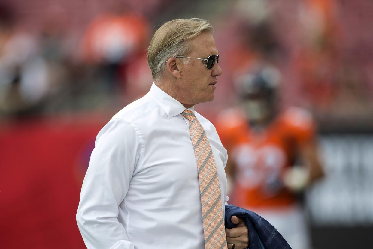 General Manager John Elway of the Denver Broncos looks on before a NFL game against the Tampa Bay Buccaneers at Raymond James Stadium on October 2, 2016 in Tampa, Florida.