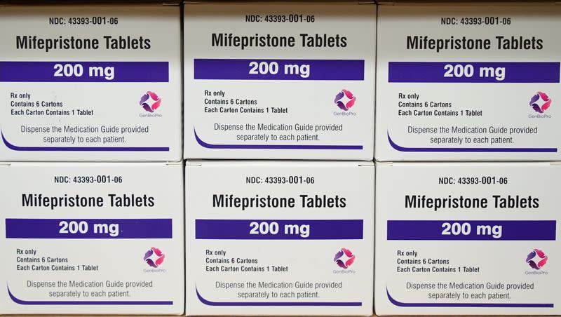 Boxes of the drug mifepristone sit on a shelf at the West Alabama Women’s Center in Tuscaloosa, Ala., on March 16, 2022. The Supreme Court faced a self-imposed Friday, April 21, 2023, night deadline to decide whether women’s access to a widely used abortion pill will stay unchanged until a legal challenge to its Food and Drug Administration approval is resolved.
