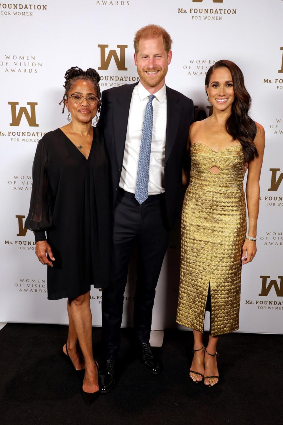 PHOTO: In this May 16, 2023 file photo, Doria Ragland, left, Prince Harry, Duke of Sussex, center, and Meghan, The Duchess of Sussex attend the Ms. Foundation Women of Vision Awards at Ziegfeld Ballroom in New York. (Kevin Mazur/Getty Images Ms. Foundation for Women, FILE)