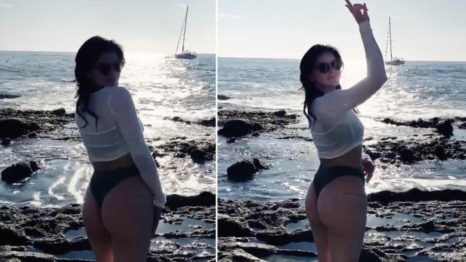 Ariel Winter poses by the ocean in a thong