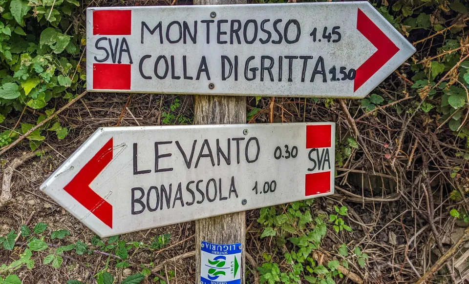 Two signs pointing in different directions on the trails in the Cinque Terre