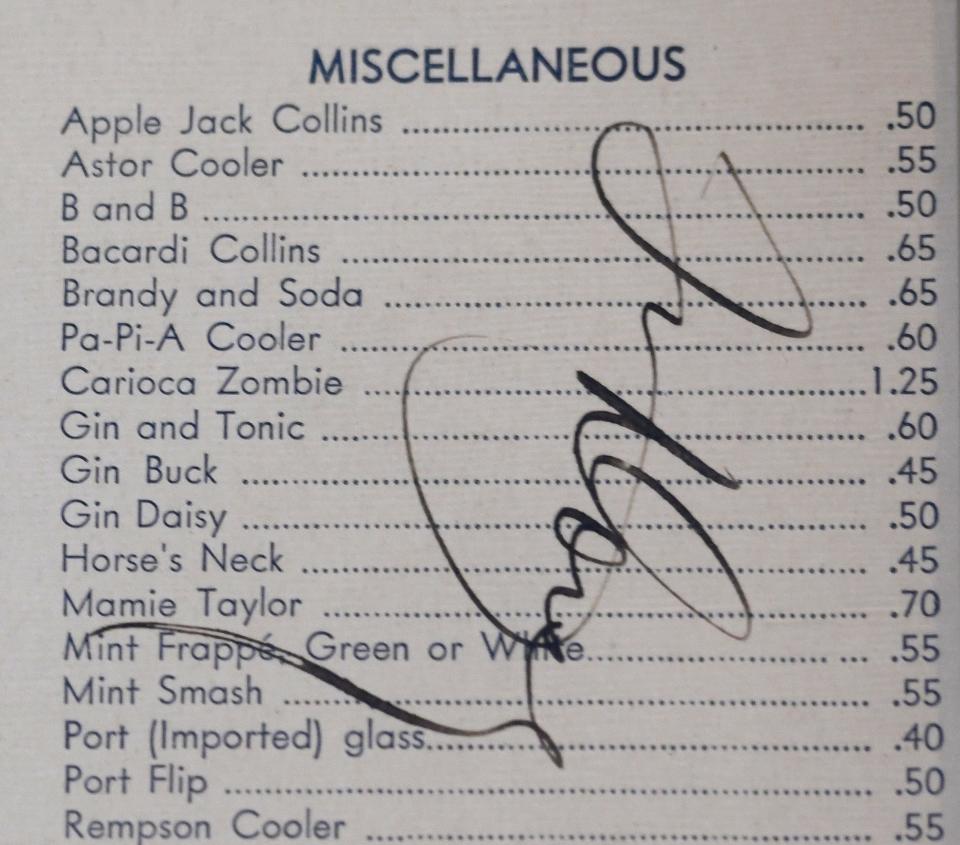 Tommy Dorsey's signature is featured on this old cocktail menu now on display at Joe Frahley's North Canton home.