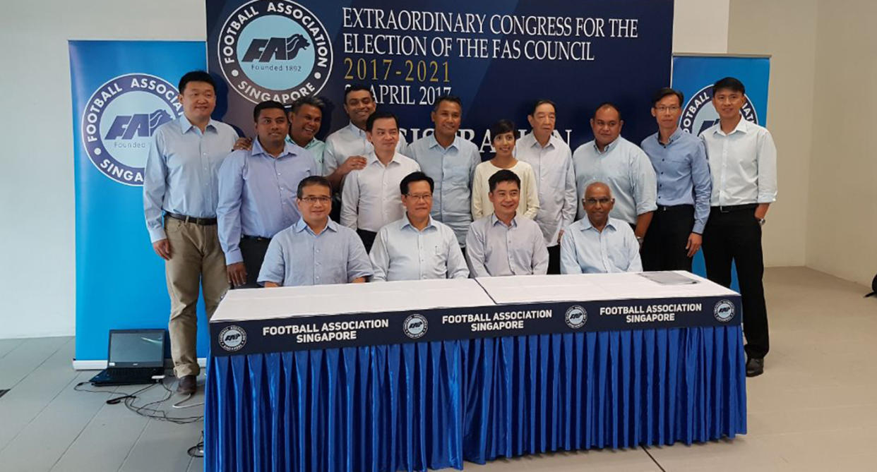 The new FAS council team elected on Saturday (April 29). Team LKT won a clean sweep in the FAS elections. (Photo: Safhras Khan/Yahoo Singapore)