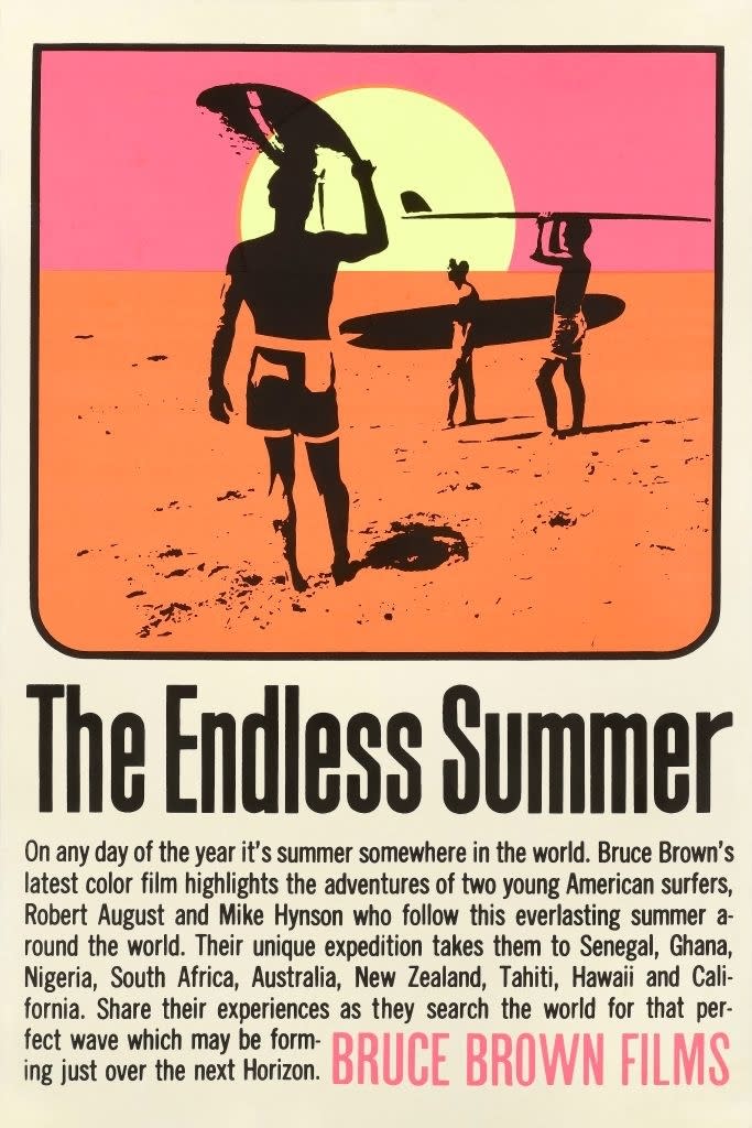 Poster of "The Endless Summer" film showing two surfers holding boards with sunset in the background; includes movie details