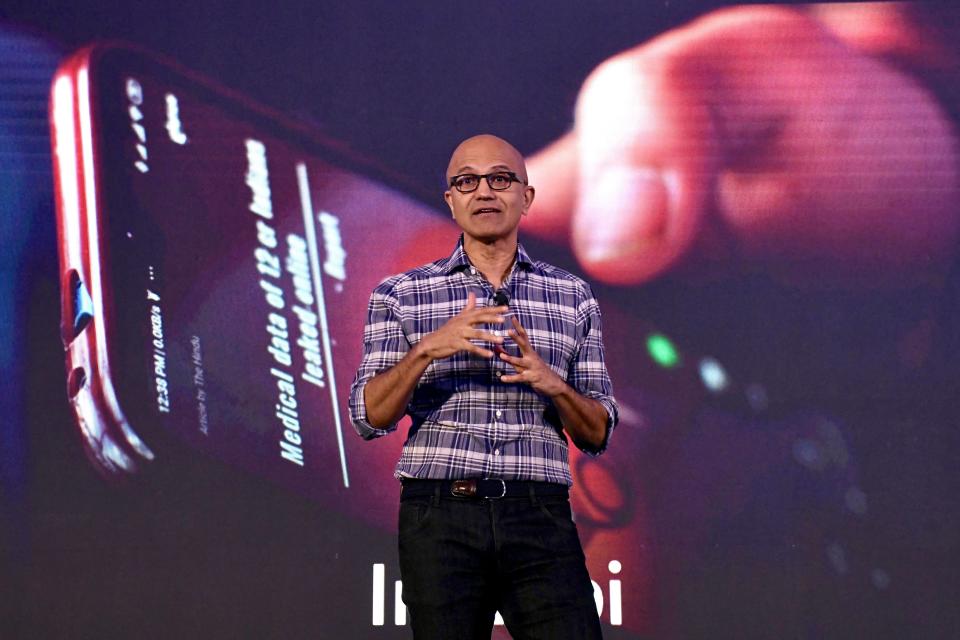 Microsoft Corporation Chief Executive Officer, Satya Nadella, gestures as he addresses the Future Decoded Tech Summit in Bangalore on February 25, 2020. (Photo by Manjunath Kiran / AFP) (Photo by MANJUNATH KIRAN/AFP via Getty Images)