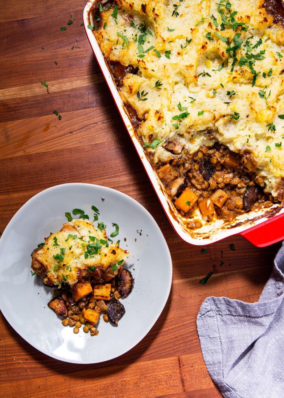 <p>This meatless, dairy-free take on <a href="https://www.delish.com/cooking/recipe-ideas/recipes/a57949/easy-shepherds-pie-recipe/" rel="nofollow noopener" target="_blank" data-ylk="slk:shepherd's pie;elm:context_link;itc:0;sec:content-canvas" class="link ">shepherd's pie</a> is packed with veggies (<a href="https://www.delish.com/cooking/g1915/mushroom-recipes/" rel="nofollow noopener" target="_blank" data-ylk="slk:mushrooms;elm:context_link;itc:0;sec:content-canvas" class="link ">mushrooms</a>! celery! <a href="https://www.delish.com/cooking/g3003/butternut-squash/" rel="nofollow noopener" target="_blank" data-ylk="slk:butternut squash;elm:context_link;itc:0;sec:content-canvas" class="link ">butternut squash</a>!) and loaded with flavor. It's also incredibly hearty, thanks to lentils. It's hard not to love anything covered in a buttery, crispy <a href="https://www.delish.com/holiday-recipes/thanksgiving/a22657761/best-vegan-mashed-potatoes-recipe/" rel="nofollow noopener" target="_blank" data-ylk="slk:mashed potato;elm:context_link;itc:0;sec:content-canvas" class="link ">mashed potato</a> topping.</p><p>Get the <strong><a href="https://www.delish.com/cooking/recipe-ideas/a30779578/vegan-shepherds-pie-recipe/" rel="nofollow noopener" target="_blank" data-ylk="slk:Vegan Shepherd's Pie recipe;elm:context_link;itc:0;sec:content-canvas" class="link ">Vegan Shepherd's Pie recipe</a></strong>.</p>