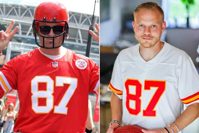 <p>Jordan Peck/Getty; Christoph Reichwein/picture alliance/Getty</p> People wear Travis Kelce’s jerseys at Eras Tour shows in England and Germany