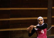 Iranian volleyball player Maedeh Borhani warms up during a training session of "Shumen" volleyball club in Shumen, Bulgaria January 14, 2017. Picture taken on January 14, 2017. REUTERS/Stoyan Nenov