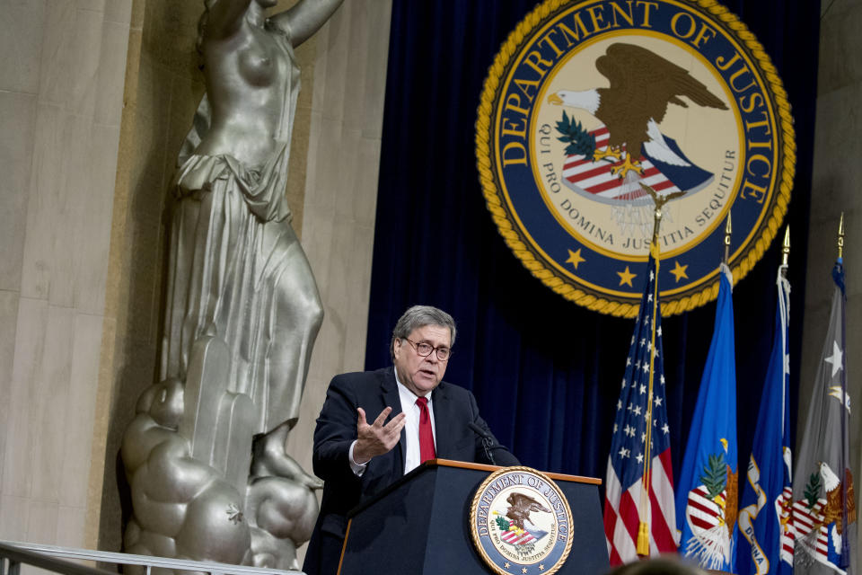 Attorney General William Barr speaks at the U.S. Attorneys' National Conference at the Department of Justice in Washington, Wednesday, June 26, 2019. (AP Photo/Andrew Harnik)