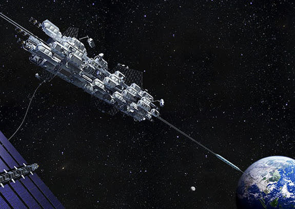 Payloads and people get a lift off Earth in this artist's illustration by the Japan Space Elevator Association.