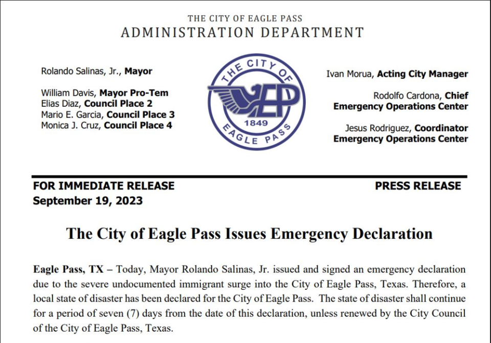 Emergency declaration (City of Eagle Pass, Texas)