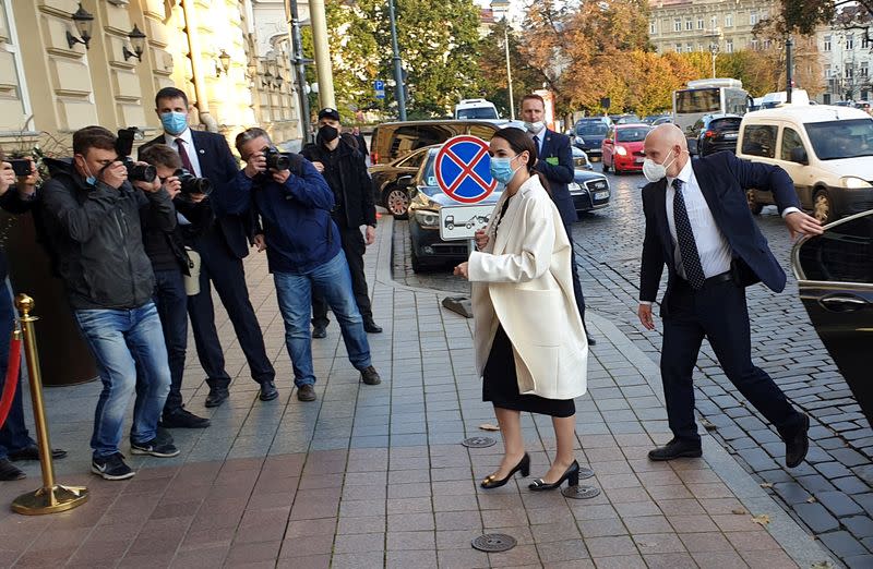 Belarus opposition leader Tsikhanouskaya meets with French President Macron in Vilnius