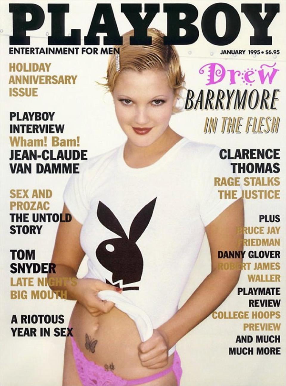 <p>Before she was a bonafide Hollywood star, Drew Barrymore was a bit of a wild child in the industry. At age 19, she posed in a white <em>Playboy</em> T-shirt and a pair of pink knickers for the 1995 cover. For her 20th birthday, Barrymore’s godfather, Steven Spielberg, sent her a note that said, “Cover yourself up,” with photos of the <em>Playboy</em> shoot edited so that she appeared fully clothed.<br>(Photo: Playboy) </p>