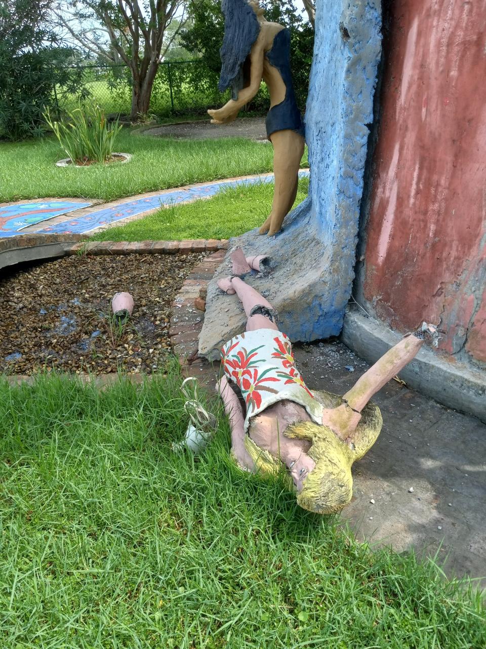 A concrete sculpture known as "Waterfall Girl" was damaged by vandals, according to caretakers of the Chauvin Sculpture Garden.