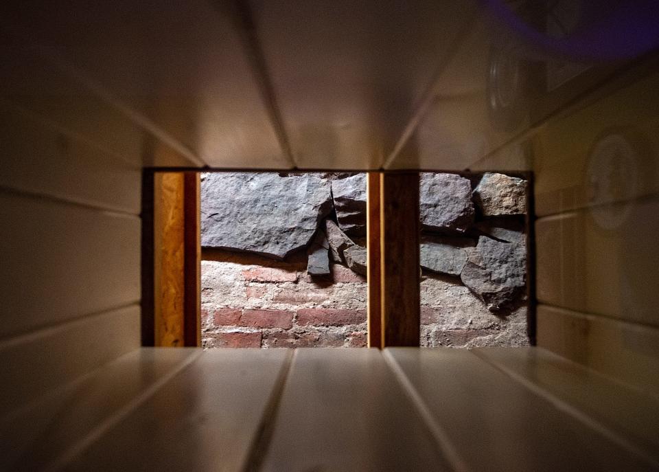 Looking down at the top of a stone tunnel built in 1780s,  to store ammunition, shown during a tour at the Wedgwood Inn in New Hope, on Tuesday, Oct.5, 2021.