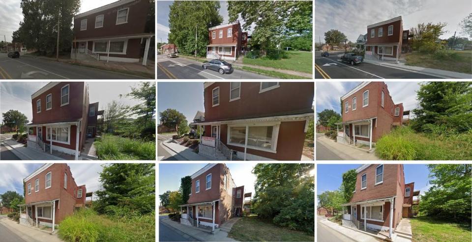 These images show subtle changes in the condition of a vacant two-story brick building at 520 N. Illinois St. in Belleville. They start in 2007 (left to right, top to bottom) and continue in 2013, 2016, 2017, 2018, 2019, 2021, 2022 and 2023. Google Maps