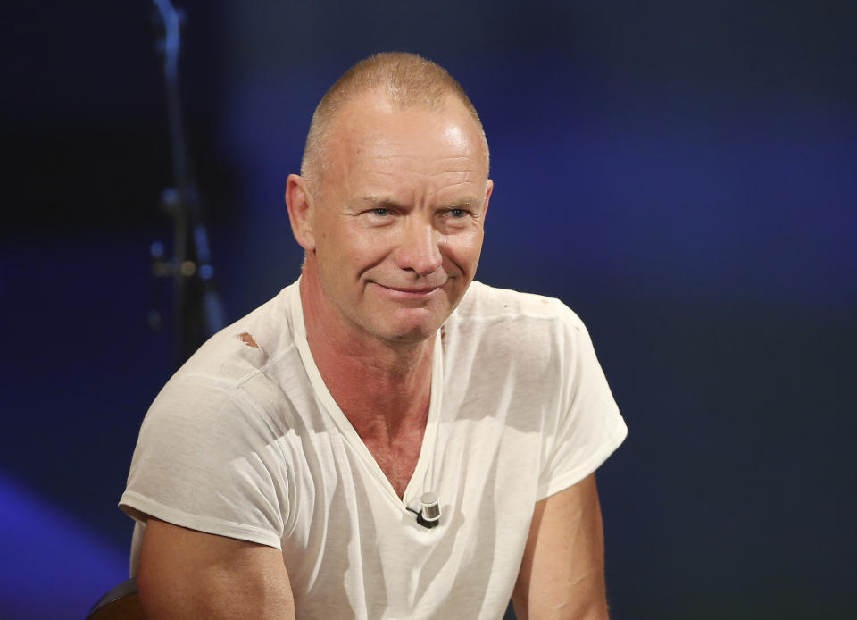 FILE - In this Nov. 10, 2013 file photo, British singer Sting smiles during the Italian State RAI TV program "Che Tempo che Fa", in Milan, Italy. Sting and Paul Simon are rehearsing for their upcoming tour, a couple of longtime friends and neighbors preparing to take turns singing some of each other's biggest hits. "He's the master," Sting said Monday, Jan. 20, 2014, by satellite from New York. "If I ever wanted to emulate a literary and literate songwriter, then Paul Simon would be the person I would go to." (AP Photo/Antonio Calanni, file)