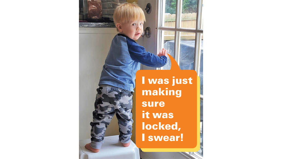 Funny photos: Boy climbing on toilet to unlock door and caption, 