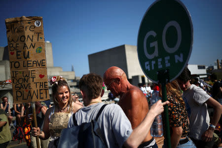 Climate change activists attend the Extinction Rebellion protest at Waterloo Bridge in London, Britain April 21, 2019. REUTERS/Hannah McKay