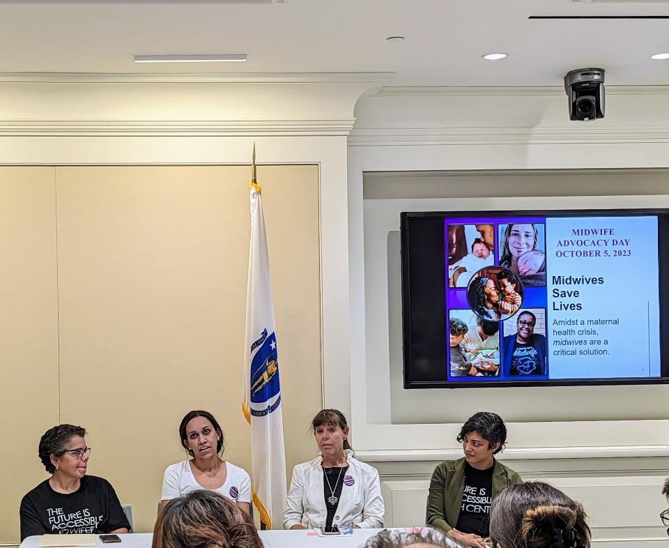 Rachael Lovely, a member of the Mashpee Wampanoag Tribe and a birth doula, shares her experiences of midwife services at a panel discussion at the Massachusetts State House in Boston.