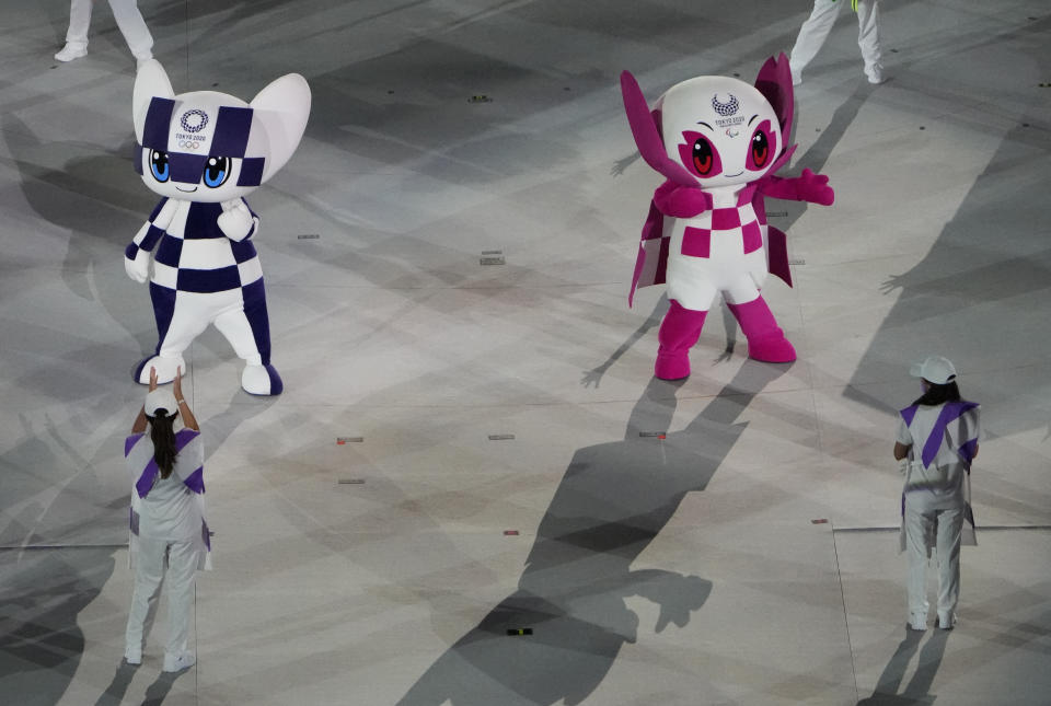 Games mascots perform during the closing ceremony for the 2020 Paralympics at the National Stadium in Tokyo, Sunday, Sept. 5, 2021. (AP Photo/Eugene Hoshiko)