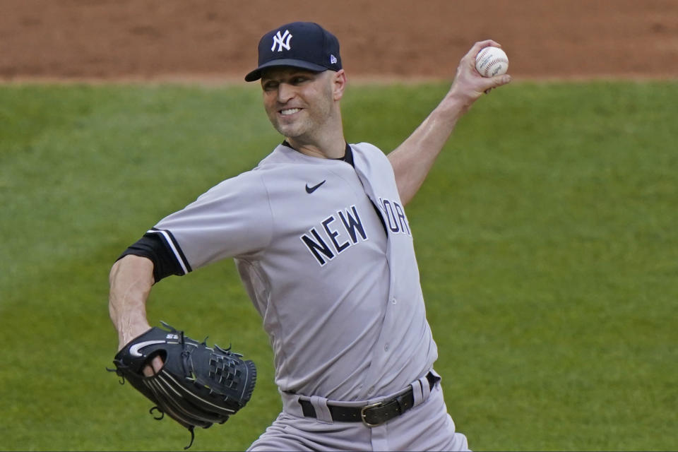 New York Yankees starting pitcher J.A. Happ winds up during the first inning of a makeup baseball game against the New York Mets at Citi Field, Thursday, Sept. 3, 2020, in New York. (AP Photo/Kathy Willens)