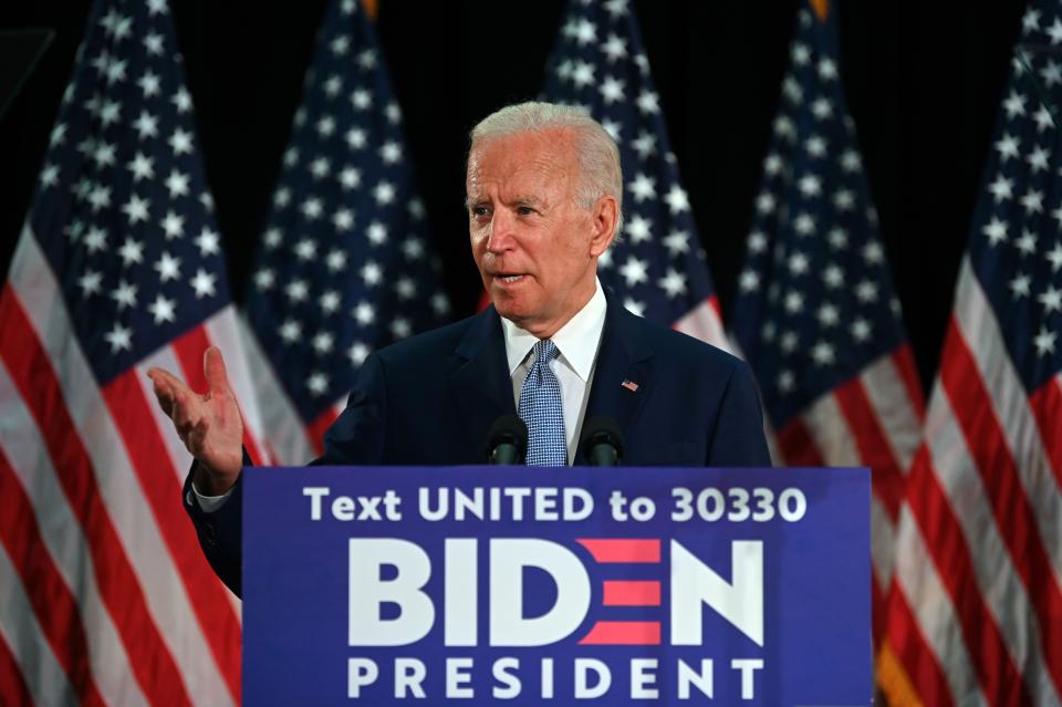 Presumptive Democratic presidential nominee and former Vice President Joe Biden speaks at Delaware State University's student center in Dover, Delaware, on June 5, 2020.