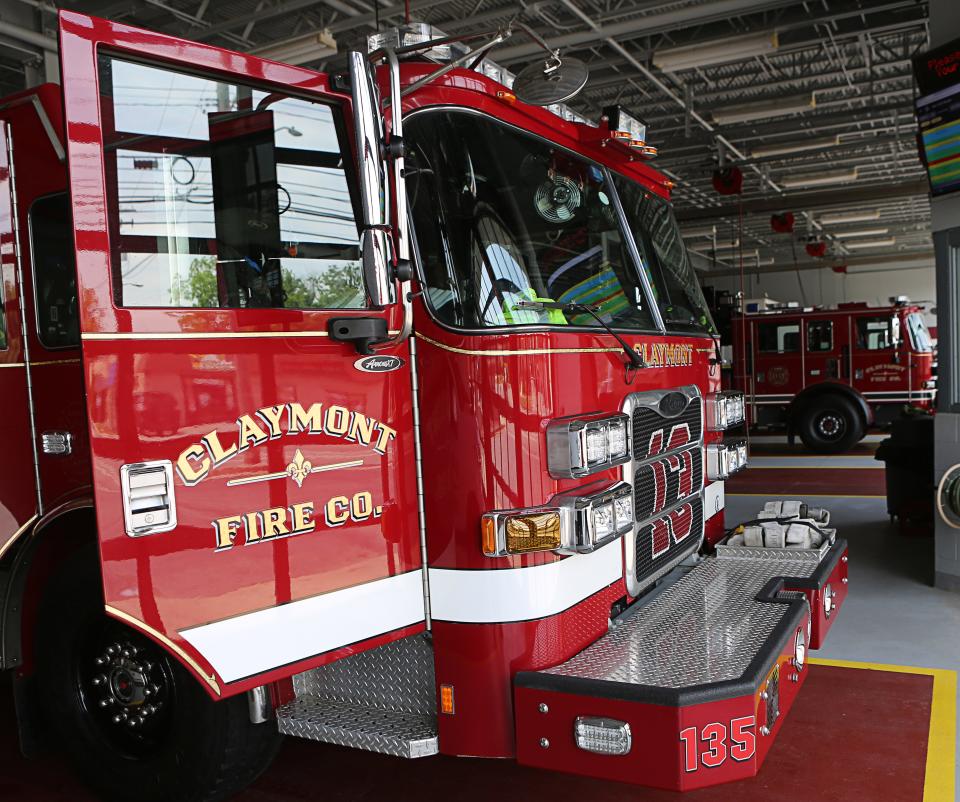 Fire trucks parked inside the Claymont Fire Company Philadelphia Pike location.