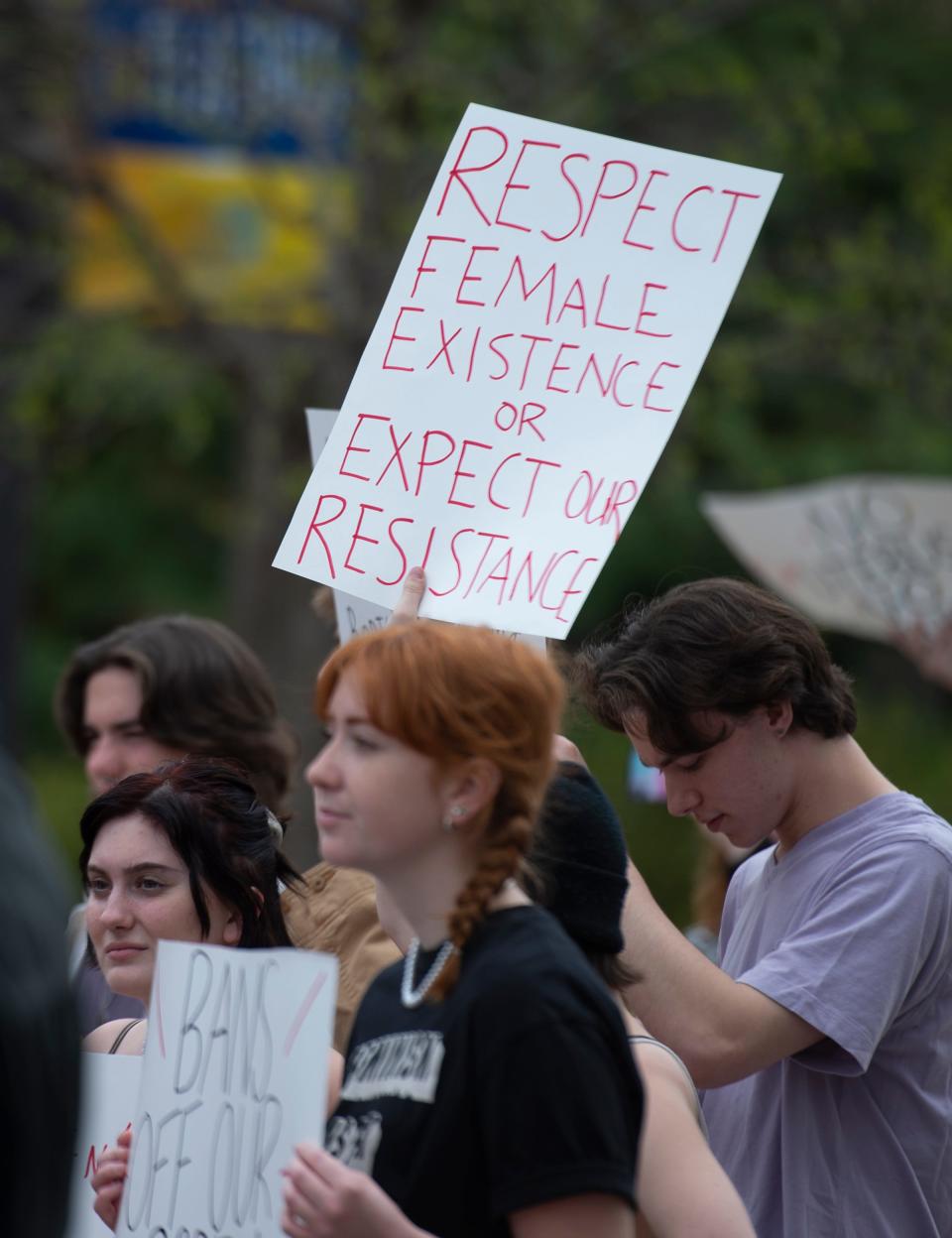 Students for a Democratic Society organized a protest in support of reproductive rights after a leaked Supreme Court decision to overturn Roe v. Wade.  The rally started at Risman Plaza, where the crowd continued to grow, and then marched to the Rock on front campus. Homemade signs held by protesters.