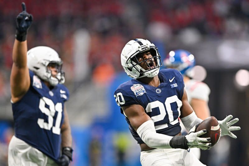 Former Penn State star Adisa Isaac (20) is among the best edge rushers still available in the 2024 NFL Draft. File Photo by David Tulis/UPI