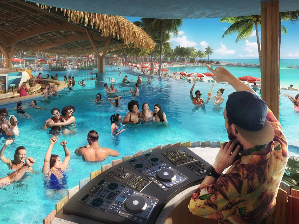 A rendering of a DJ and swimmers at Hideaway Beach