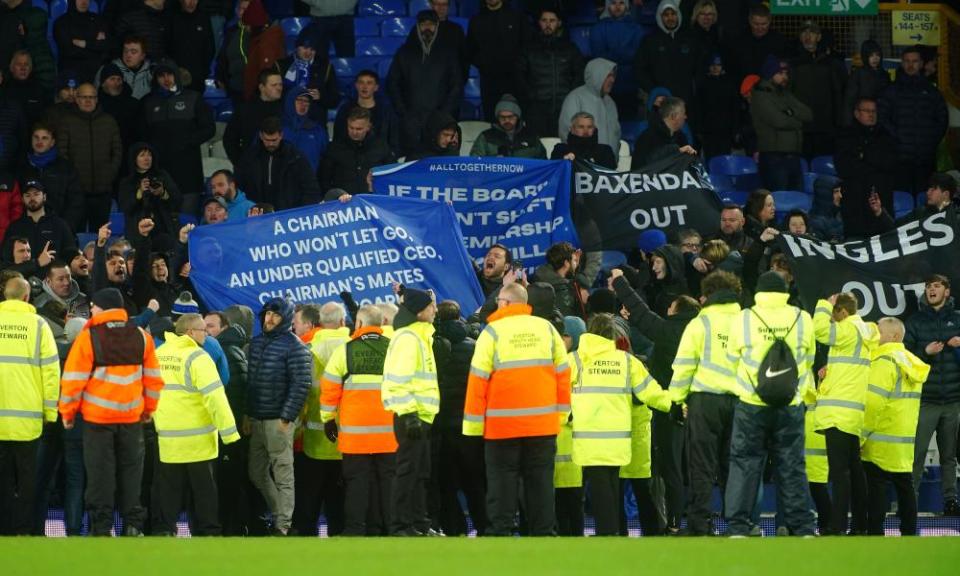 Everton fans hold up banners in protest against Southampton.