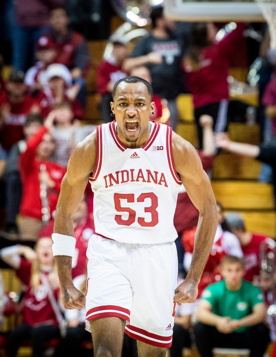 Indiana's Tamar Bates (53) celebrates after making a three-pointer during the Indiana versus Kennesaw State men's basketball game at Simon Skjodt Assembly Hall on Friday, Dec. 23, 2022.