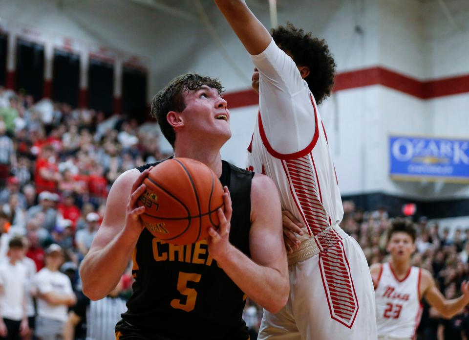 Kickapoo's Jackson Shorter looks to the basket as the Chiefs take on the Nixa Eagles in the Class 6 District 5 championship game at Ozark High School on Monday, March 6, 2023.