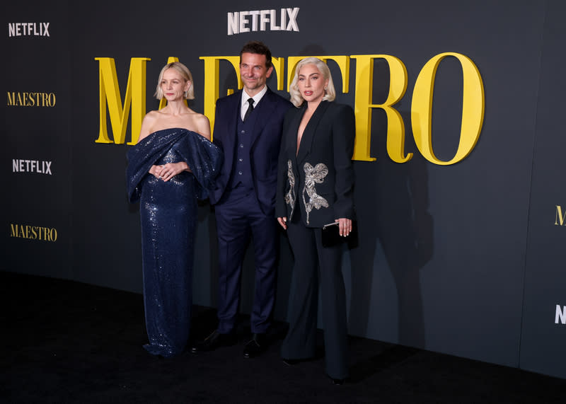 Lady Gaga, Alexander McQueen suit, Carey Mulligan, Celine gown, Bradley Cooper, Louis Vuitton suit, 'Maestro' special screening, Los Angeles, Dec. 12