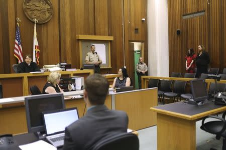 Alix Catherine Tichelman (2nd R) stands in the courtroom as Judge Timothy R. Volkmann speaks during her arraignment in Santa Cruz, California July 16, 2014. REUTERS/Robert Galbraith