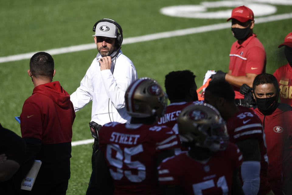 EAST RUTHERFORD, NEW JERSEY - SEPTEMBER 20: Head coach Kyle Shanahan of the San Francisco 49ers looks on during the second half of the game against the New York Jets at MetLife Stadium on September 20, 2020 in East Rutherford, New Jersey. (Photo by Sarah Stier/Getty Images)