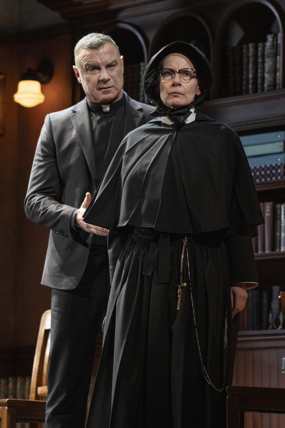 This image released by Polk & Co. shows Liev Schreiber as Father Flynn, left, and Amy Ryan as Sister Aloysius, in Roundabout Theatre Company's new Broadway production of "Doubt: A Parable" by John Patrick Shanley. (Joan Marcus/Polk & Co. via AP)