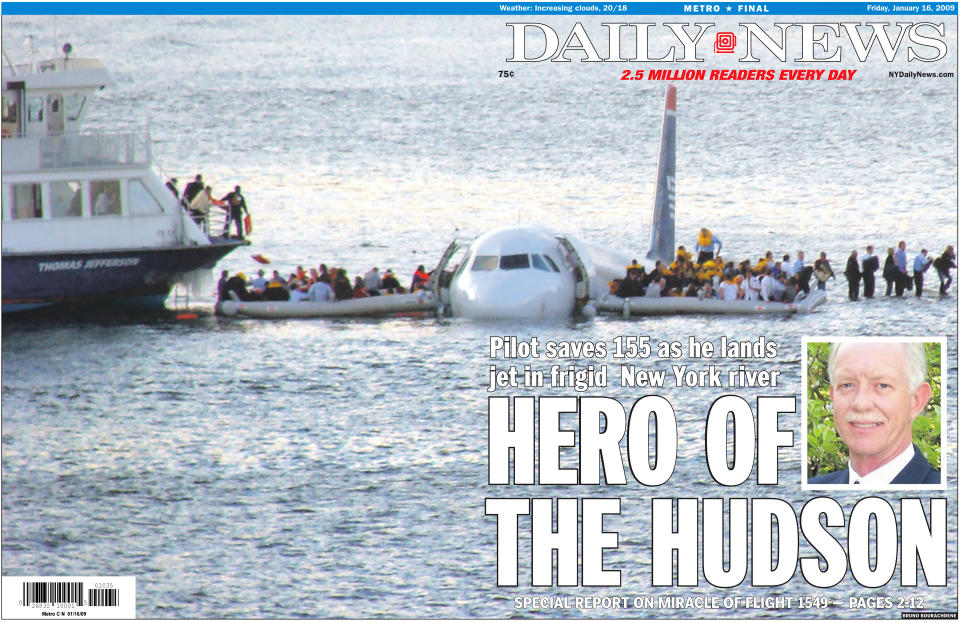 UNITED STATES - JANUARY 16:  Front page of the Daily News for January 16, 2009, headline reads: Hero of the Hudson, Pilot saves 155 as he lands jet in frigid New York river., photo of pilot Chesley Sullenberger  (Photo by NY Daily News Archive via Getty Images)