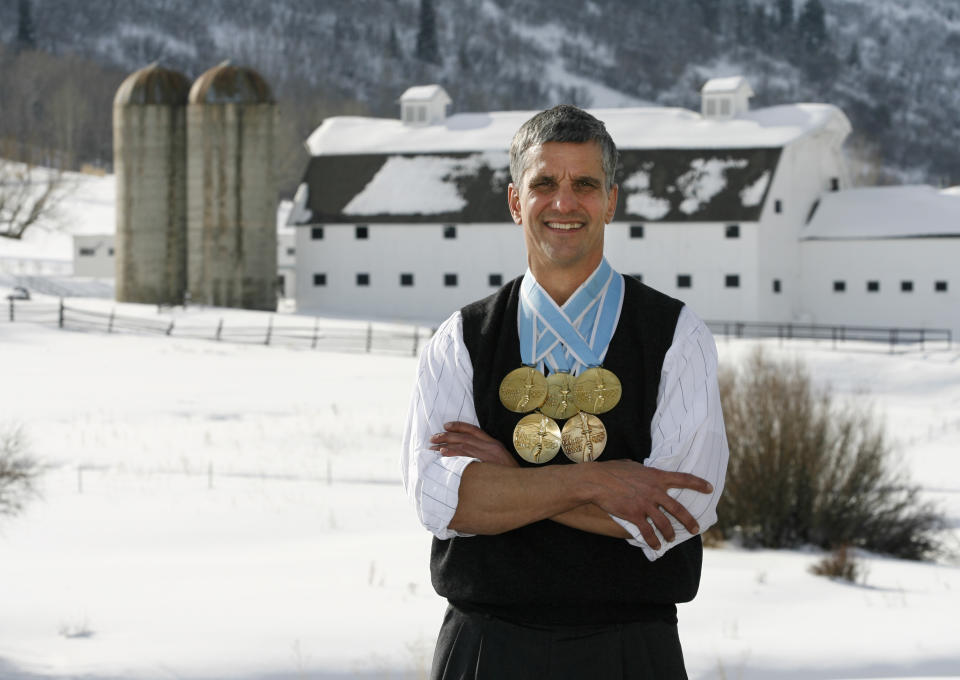 FILE - Dr. Eric Heiden, winner of five gold medals in speedskating at the 1980 Olympic Games in Lake Placid, N.Y., poses with his medals Friday, Jan. 29, 2010, near his home in Park City, Utah. Heiden still marvels at what he accomplished during those nine days in Lake Placid. (AP Photo/Steve C. Wilson, File)