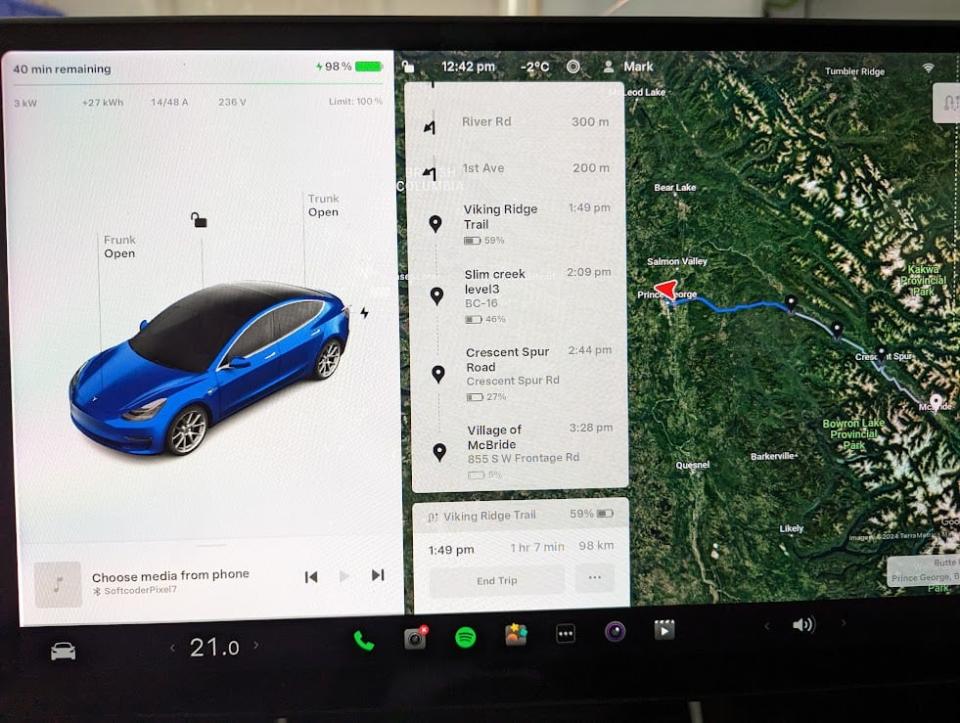 Mark Vejvoda says his Tesla's navigator predicted he'd get to McBridge, B.C. with 5 per cent charge. Instead, he managed to arrive at the charging port with 25 per cent charge to spare. 