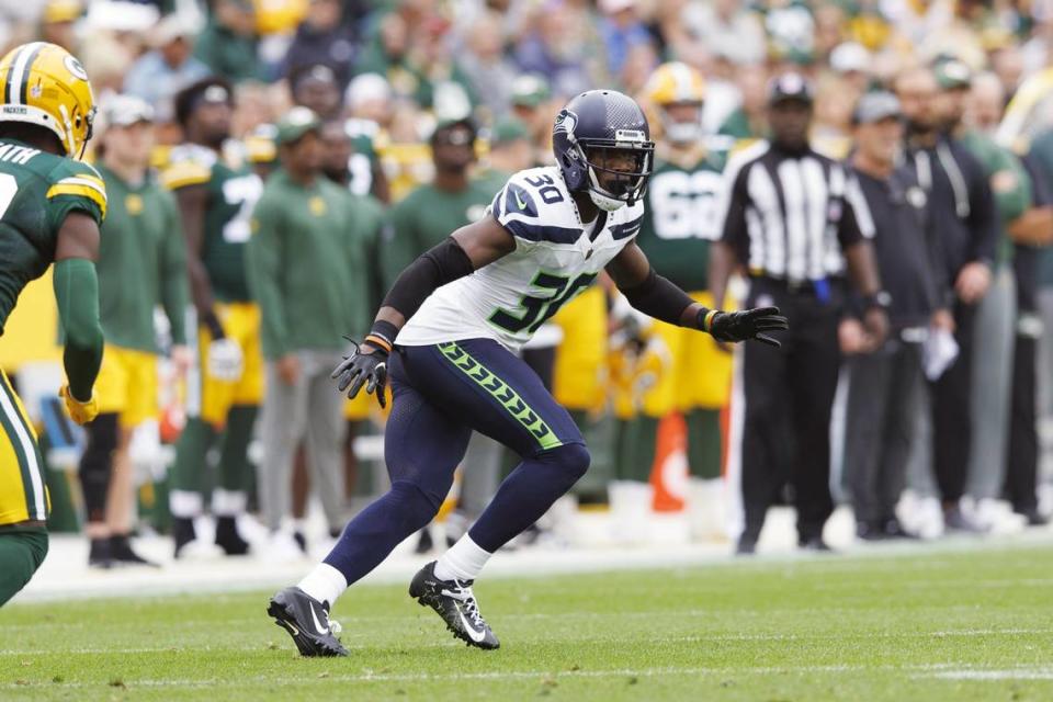 Aug 26, 2023; Green Bay, Wisconsin, USA; Seattle Seahawks cornerback Michael Jackson (30) during the game against the Green Bay Packers at Lambeau Field. Mandatory Credit: Jeff Hanisch-USA TODAY Sports