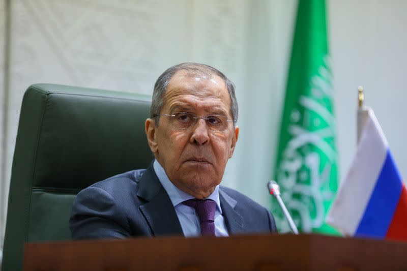 Russia's Foreign Minister Sergei Lavrov attends a news conference in Riyadh