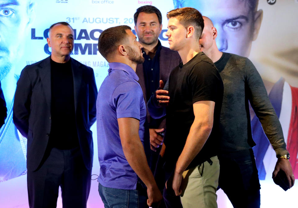 Vasyl Lomachenko (left) and Luke Campbell during the press conference at Glaziers Hall, London. (Photo by Aaron Chown/PA Images via Getty Images)