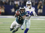 <p>Philadelphia Eagles wide receiver Alshon Jeffery (17) bobbles the ball as he dives past Dallas Cowboys cornerback Chidobe Awuzie (24) for a pass during the second half of an NFL football game in Arlington, Texas, Sunday, Dec. 9, 2018. Jeffery did not make the catch. (AP Photo/Roger Steinman) </p>