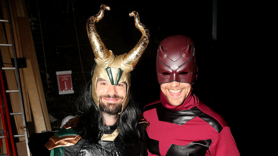 Charlie Cox as "Loki" and Tom Hiddleston as "Daredevil" pose backstage as the Broadway cast of "Betrayal" celebrate Halloween. (Photo by Bruce Glikas/Getty Images)
