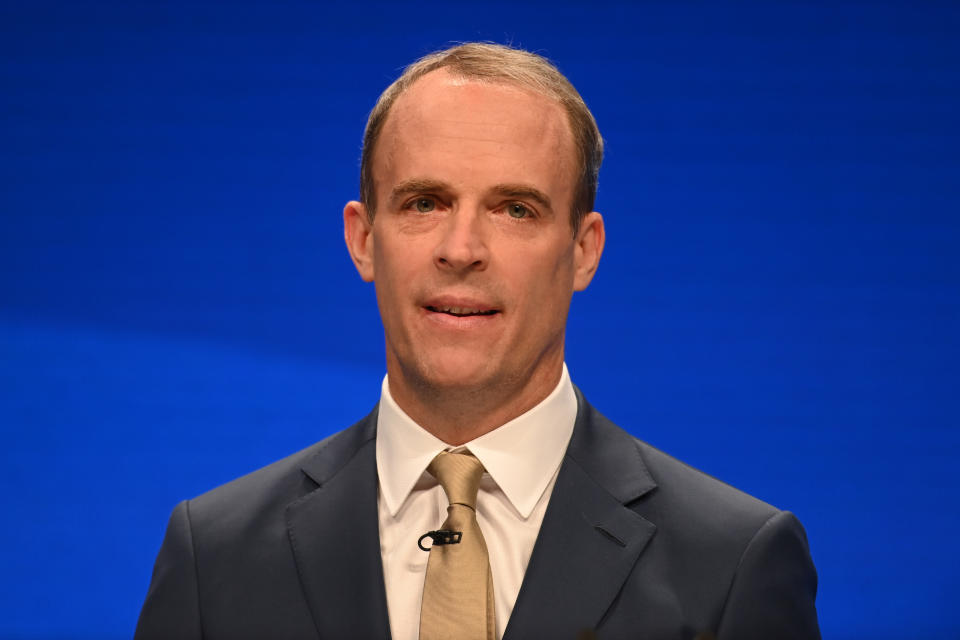 Lord Chancellor Dominic Raab speaking at the Conservative Party Conference in Manchester. Picture date: Tuesday October 5, 2021. Photo credit should read: Matt Crossick/Empics