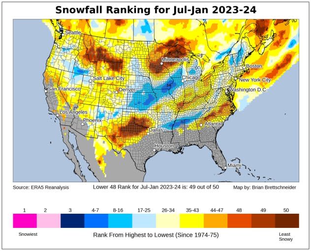 How snowy was it so far this winter? This map by Brian Brettschneider shows the ranking of this winter, from snowiest (#1) to least snowy (#50).