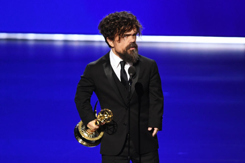 LOS ANGELES, CALIFORNIA - SEPTEMBER 22: Peter Dinklage accepts the Outstanding Supporting Actor in a Drama Series award for 'Game of Thrones' onstage during the 71st Emmy Awards at Microsoft Theater on September 22, 2019 in Los Angeles, California. (Photo by Kevin Winter/Getty Images)