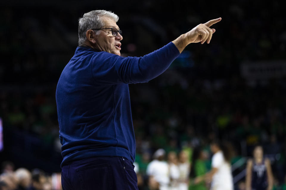 Connecticut head coach head coach Geno Auriemma calls a play during the first half of an NCAA college basketball game against Notre Dame on Sunday, Dec. 4, 2022, in South Bend, Ind. (AP Photo/Michael Caterina)